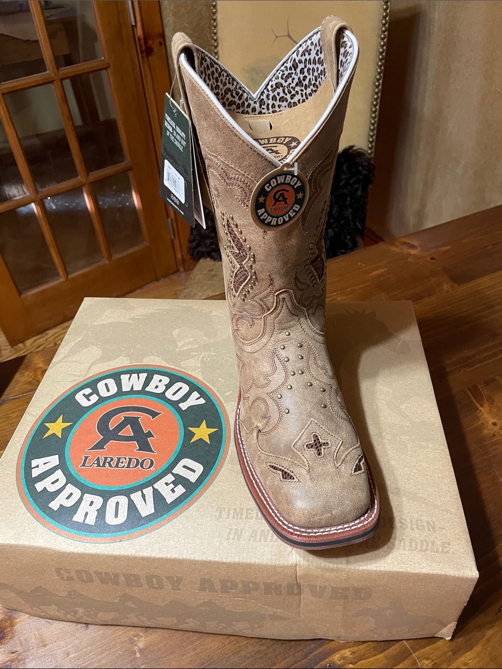 Laredo Tan Western Cowgirl Boot with Leopard Lining